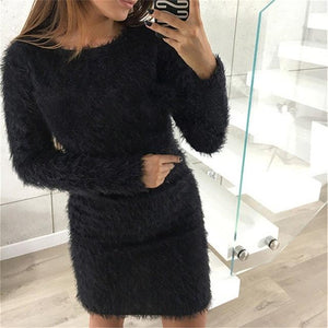 Winter Plush sweater Dress Women Party Bodycon Christmas Black clothing Sexy Mini bandage knitted Dress For Female