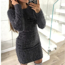 Load image into Gallery viewer, Winter Plush sweater Dress Women Party Bodycon Christmas Black clothing Sexy Mini bandage knitted Dress For Female