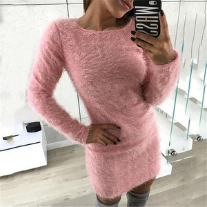 Winter Plush sweater Dress Women Party Bodycon Christmas Black clothing Sexy Mini bandage knitted Dress For Female