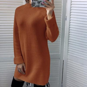Autumn Winter Solid Knitted Cotton Sweater Dresses Women Fashion Loose O-neck Pullover Female Knitted Dress Vestidos Feminino