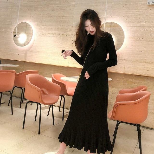 Vangull Women Sweater Dress Autumn Winter Clothes New Fashion Ruffle Long Sleeve Knitted Dress Women Casual Knee Length Dress