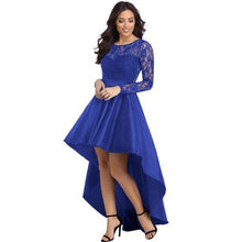 Load image into Gallery viewer, Holievery Asymmetric Satin Cocktail Dresses In Stock 2020 Sleeves Lace Party Dress Black Burgundy Royal Blue Maxi Gowns