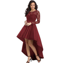 Load image into Gallery viewer, Holievery Asymmetric Satin Cocktail Dresses In Stock 2020 Sleeves Lace Party Dress Black Burgundy Royal Blue Maxi Gowns