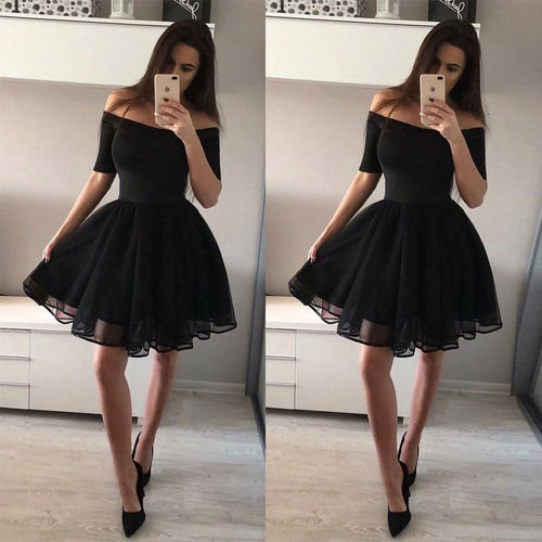 BacklakeGirls Sexy Off Shoulder Short Sleeve Cocktail Dress Short Formal Dress vestido festa Black Color Party Dress